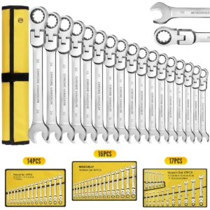 12/14/16/17pcs Flex-Head Ratchet Wrench Set,